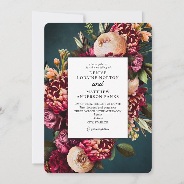 Chrysanthemum on Teal Wedding	 Invitation (Front)