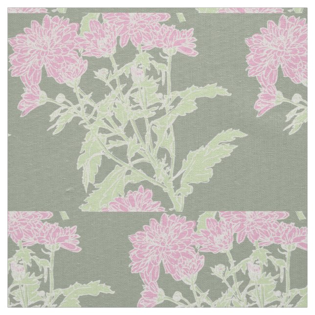 Chrysanthemum pink green graphic drawing fabric (Swatch)