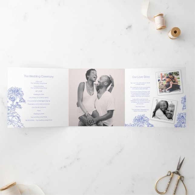 Chrysanthemum white blue flower drawing Tri-Fold programme (Inside)