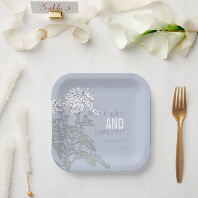 Chrysanthemum white flowers wedding paper plates (Wedding)