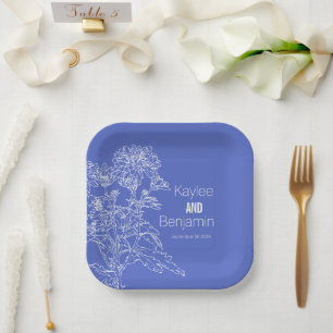 Chrysanthemum white on blue flowers wedding paper plate