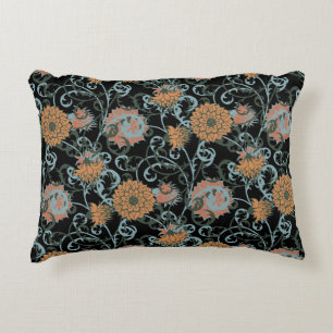Chrysanthemums Black Background, Floral Vintage. Accent Pillow