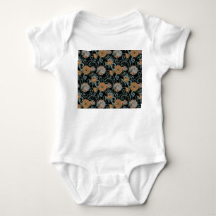 Chrysanthemums Black Background, Floral Vintage. Baby Bodysuit