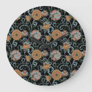 Chrysanthemums Black Background, Floral Vintage. Large Clock