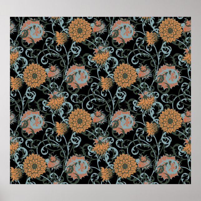 Chrysanthemums Black Background, Floral Vintage. Poster (Front)