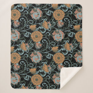 Chrysanthemums Black Background, Floral Vintage. Sherpa Blanket