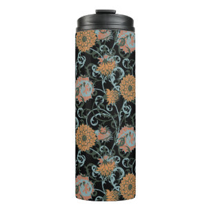 Chrysanthemums Black Background, Floral Vintage. Thermal Tumbler