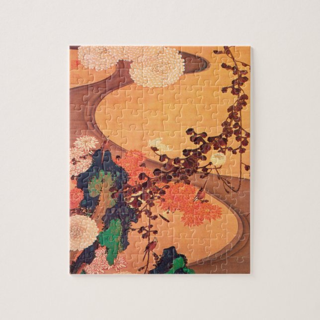 Chrysanthemums by a stream with rocks (1760) jigsaw puzzle (Vertical)