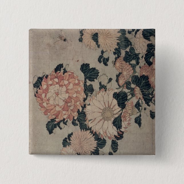 Chrysanthemums (colour woodblock) 2 inch square button (Front)