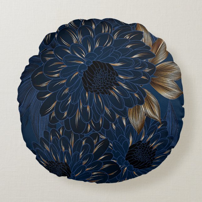 Chrysanthemums hand-drawn, elegant floral pattern. round pillow (Front)