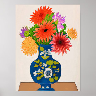 Chrysanthemums in a Blue Chinese Vase Poster