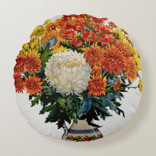 Chrysanthemums in a patterned jug 2005 round pillow