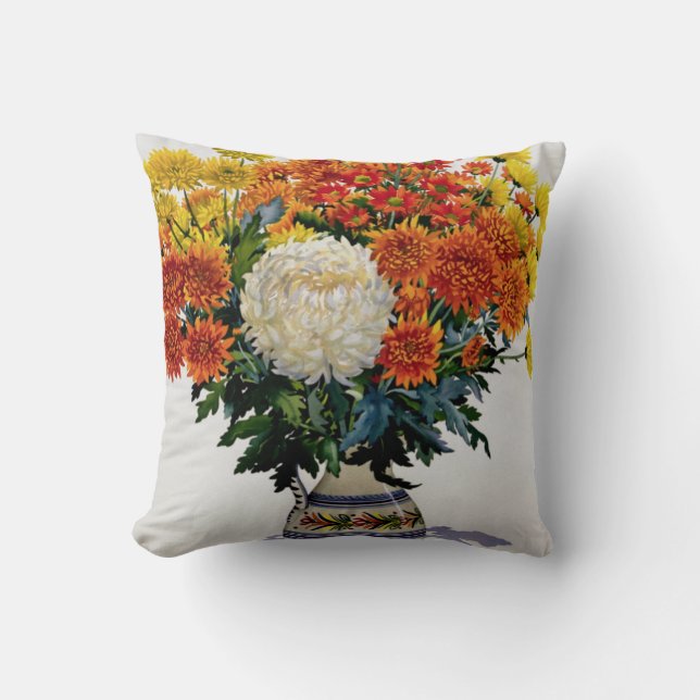 Chrysanthemums in a patterned jug 2005 throw pillow (Front)