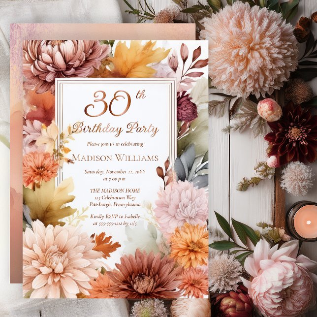 Chrysanthemums Peonies Floral 30th Birthday Party (Elegant Boho Chrysanthemums and Peonies Floral 30th Birthday Party Invitation - Rose Gold Foil)