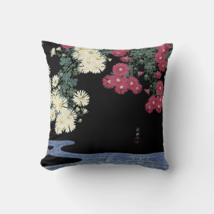 Chrysanthemums,Running Water ,Japanese Floral Throw Pillow
