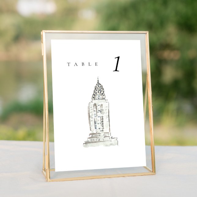 Chrysler Building New York Mariage Numéro de table (Watercolor Chrysler Building New York City Skyline wedding table number sign.)