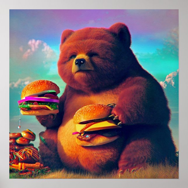 Chubby Bear Eating Cheeseburgers Poster (Front)