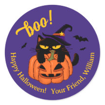Chubby black cat in witch hat Halloween boo