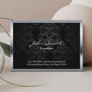 Chubby Black Damask Metal Border Business Card