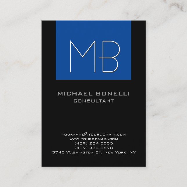 Chubby blue black background monogrammed business card (Front)