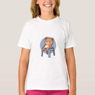Chubby Brown Bear on Blue Stool Kids T-Shirt