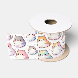 Chubby Cartoon Cat Collection With Hearts Satin Ribbon