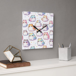Chubby Cartoon Cat Collection With Hearts Square Wall Clock