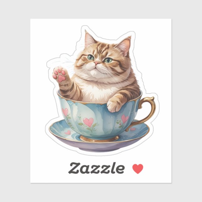 Chubby Cat in a Teacup Sticker | Cute Floating Hea (Sheet)