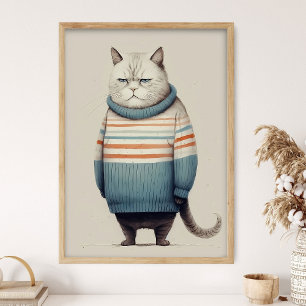Chubby Cat In Cozy Sweater, Funny Kitty Decor, Fun Poster