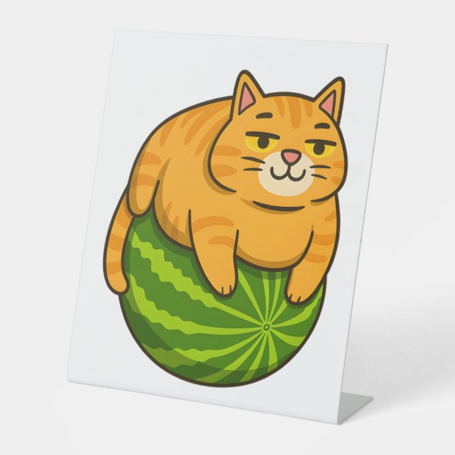 Chubby Cat on Watermelon Meme Shirt Pedestal Sign (Front)