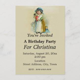 Chubby Cheeks Vintage Birthday Girl Dolls Tan Invitation