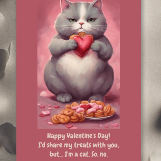 Chubby cute cat eating snacks Valentines Holiday Card (Creator Uploaded)