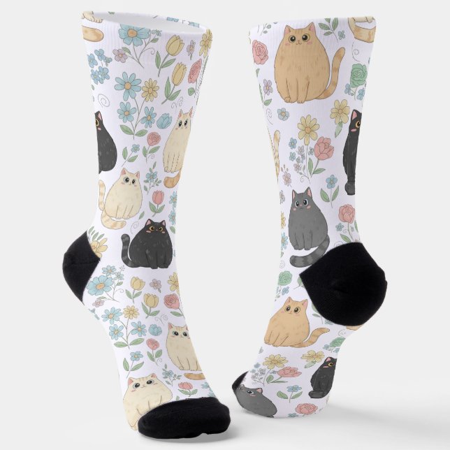Chubby Cute Cats and Pastel Flowers Pattern Socks (Angled)