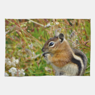 Chubby cute chipmunk on on wood stump kitchen towel