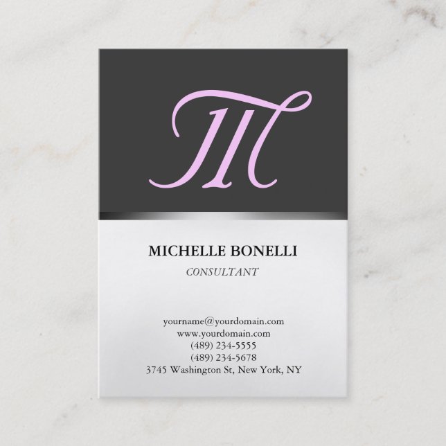 Chubby grey pink monogram stylish business card (Front)