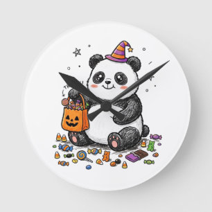 Chubby Halloween Panda with Candy Belly & Witch Ha Round Clock