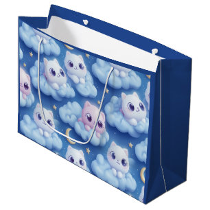 "Chubby Kawaii Cats and Clouds 3D Seamless Pattern Large Gift Bag