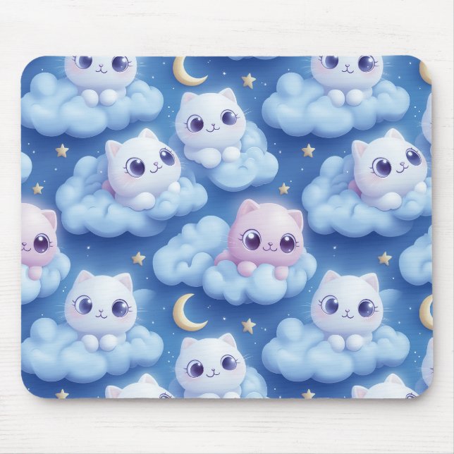 "Chubby Kawaii Cats and Clouds 3D Seamless Pattern Mouse Pad (Front)