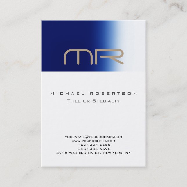 Chubby Modern Monogram White Blue Business Card (Front)