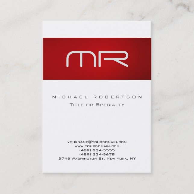 Chubby Modern Monogram White Red Business Card (Front)