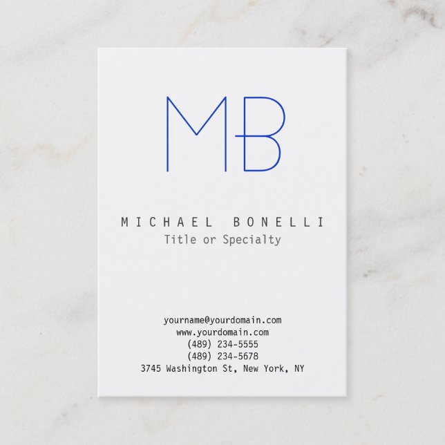 Chubby Monogram White Blue Clean Business Card (Front)