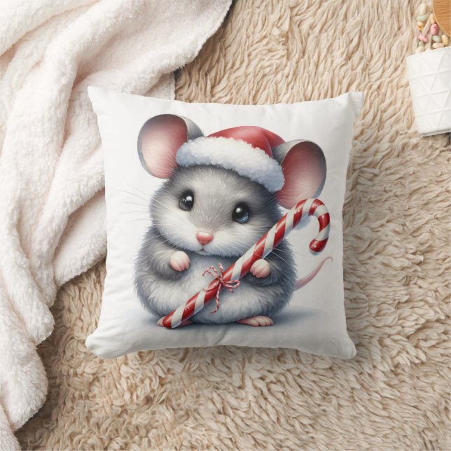 Chubby Mouse With Christmas Candy Cane Throw Pillow (Blanket)