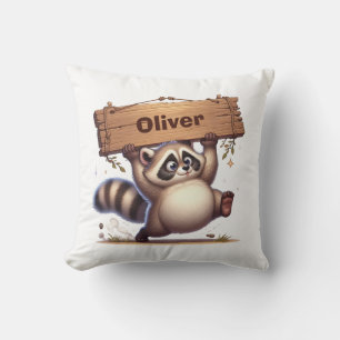 Chubby Raccoon with Wooden Name Plate Throw Pillow