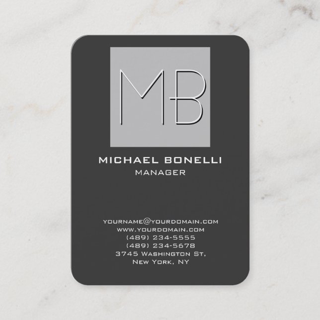 Chubby rounded corner grey monogram business card (Front)