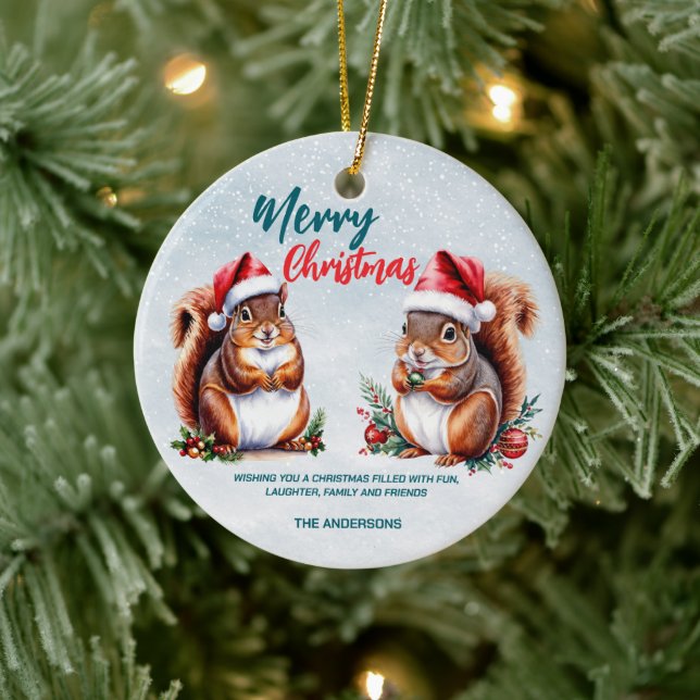 chubby squirrel Santa hat Merry Christmas snow Ceramic Ornament (Tree)