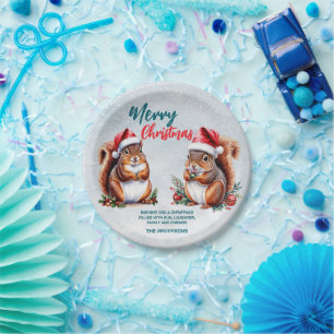 chubby squirrel Santa hat Merry Christmas snow Paper Plate