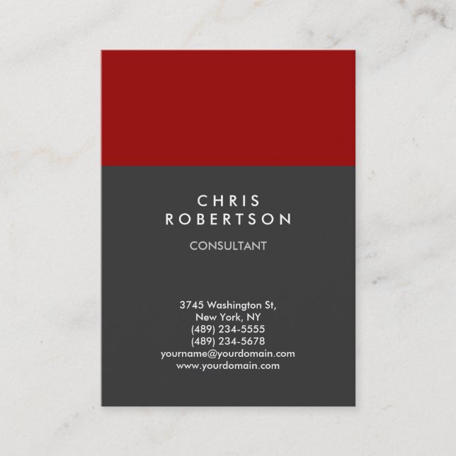 Chubby Vertical Red Grey Trendy Business Card (Front)