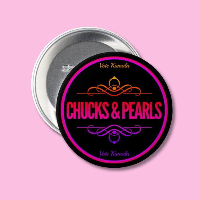 Chucks & Pearls Vote Kamala Black 3 Inch Round Button (Creator Uploaded)