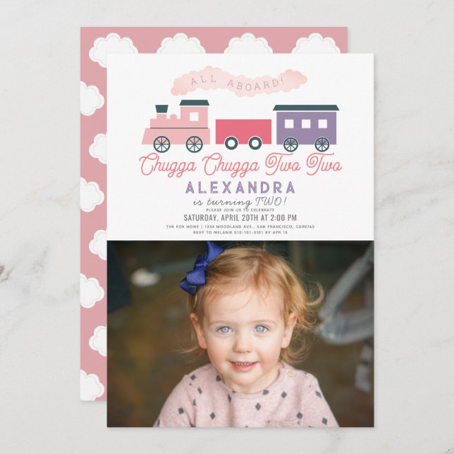 Chugga Chugga Two Train Girl 2nd Birthday Photo Invitation (Front/Back)