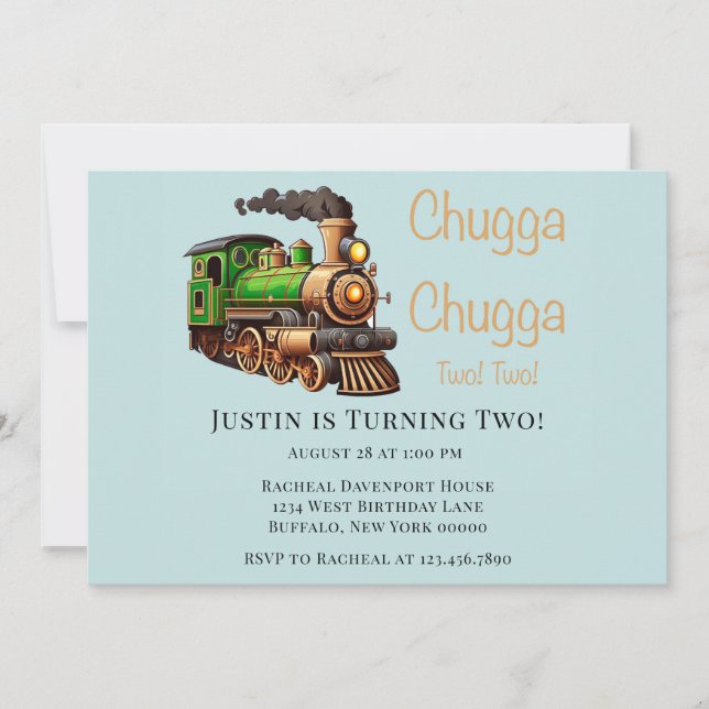 Chugga Chugga Two Two Green Train Birthday Party Invitation (Front)